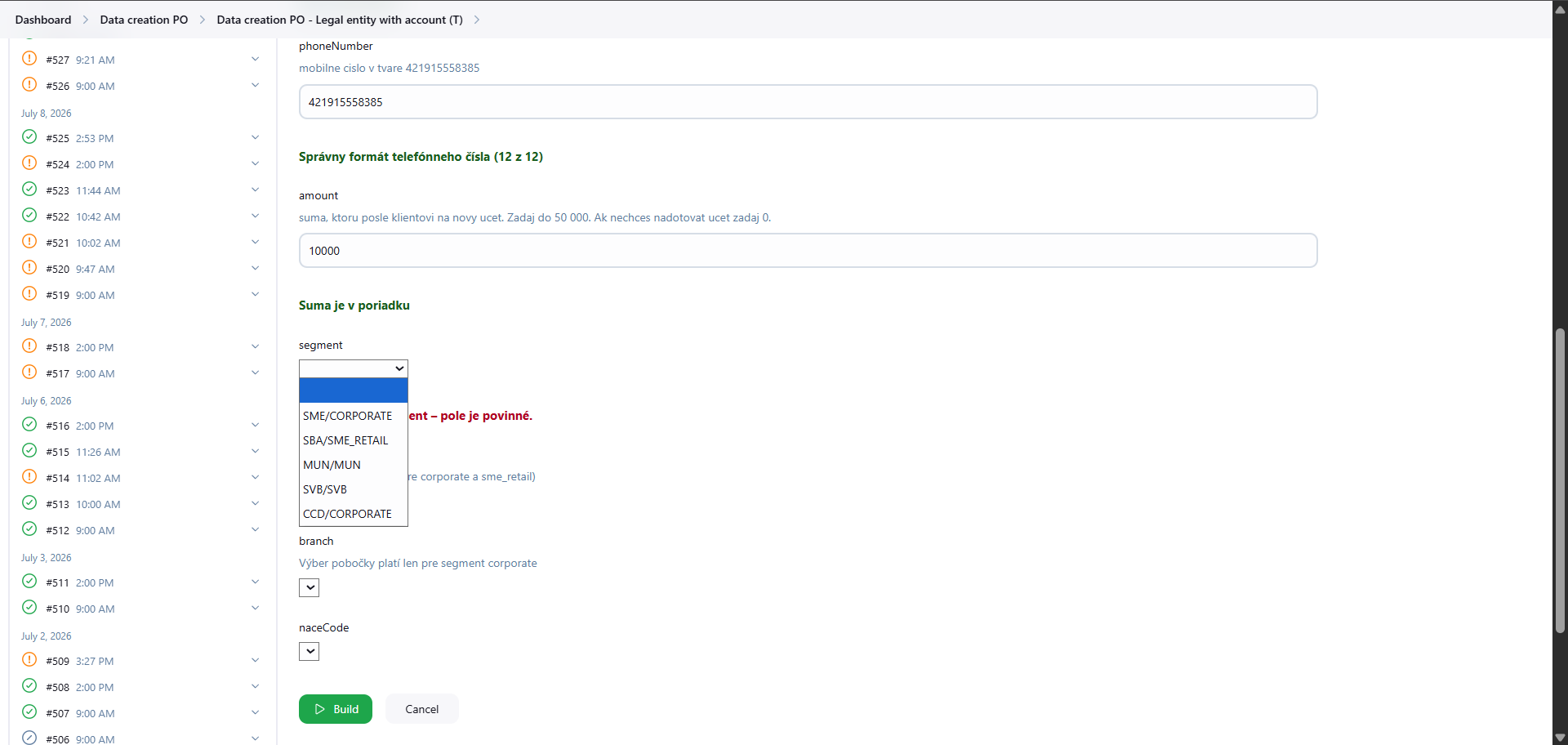 Otvorený dropdown segment s možnosťami SME/CORPORATE, SBA/SME_RETAIL, MUN/MUN, SVB/SVB, CCD/CORPORATE