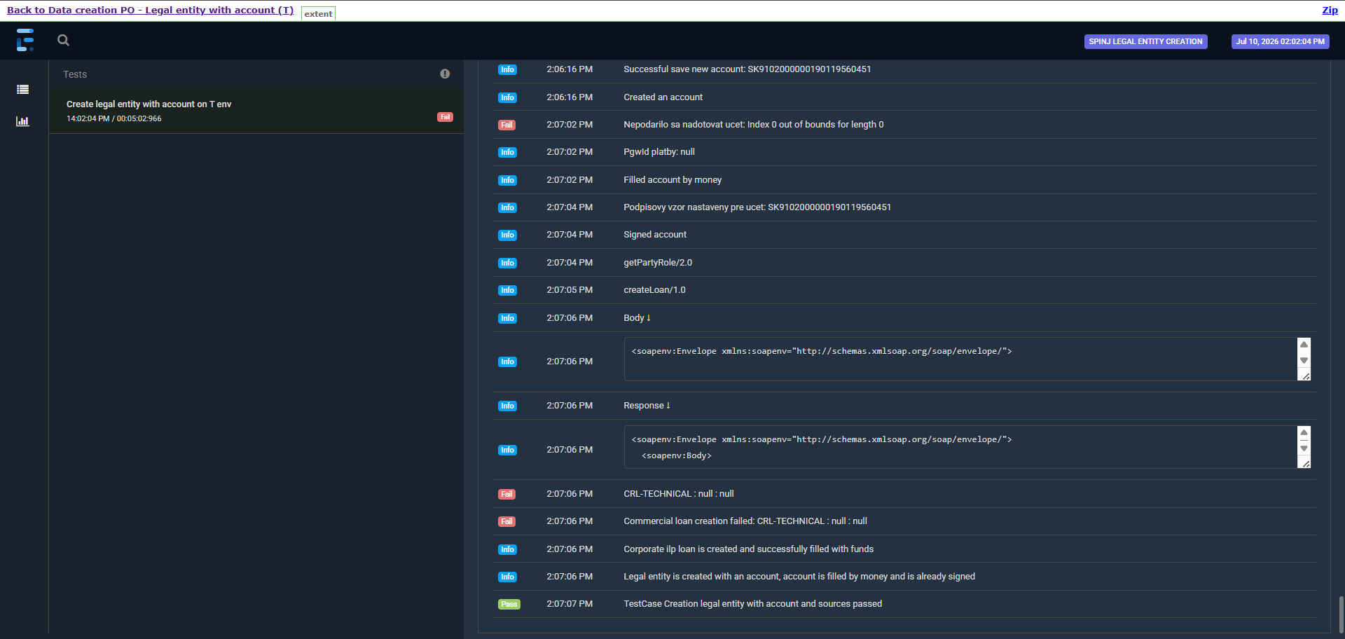 Extent report s chybou Nepodarilo sa nadotovat ucet – Index 0 out of bounds a zlyhaním úveru CRL-TECHNICAL, test celkovo prešiel