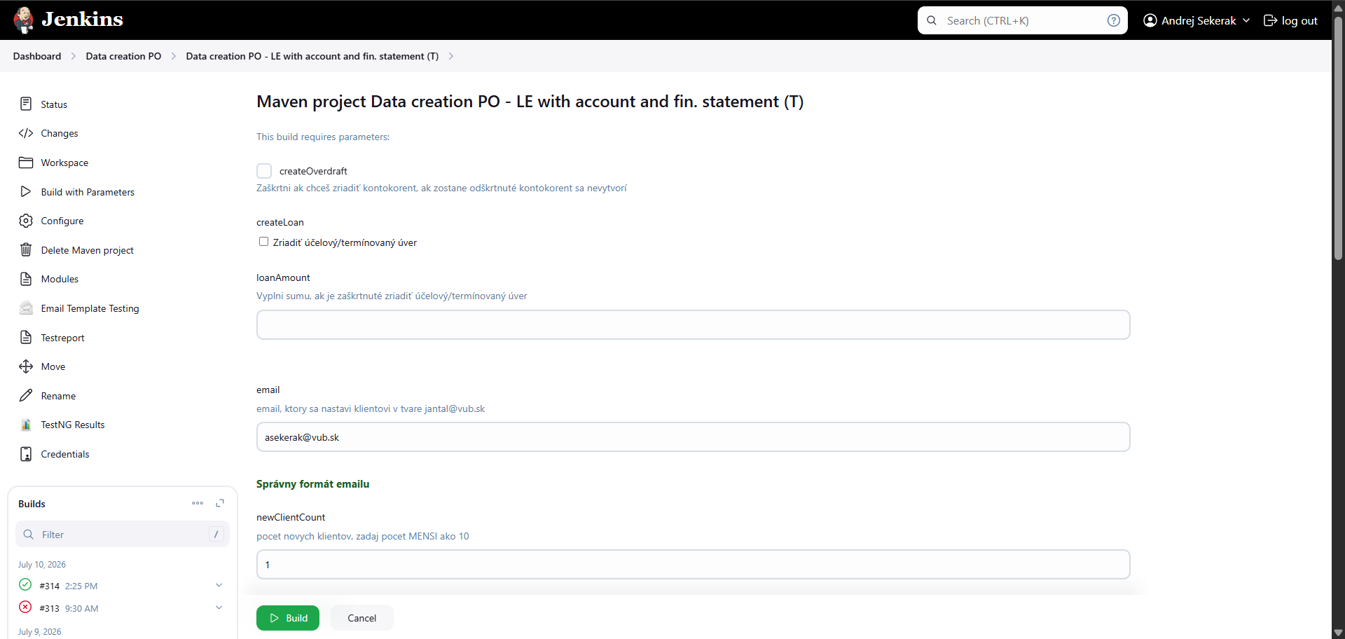 Horná časť formulára Build with Parameters jobu LE with account and fin. statement – checkboxy, email, newClientCount